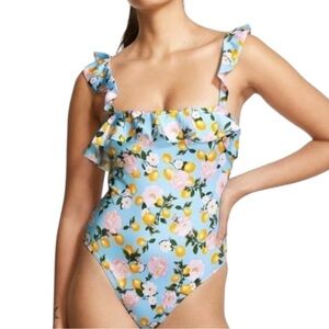 VS VICTORIA’S SECRET Swim Monokini Blue/Yellow Lemon Print Ruffle Top Sz 12 NEW